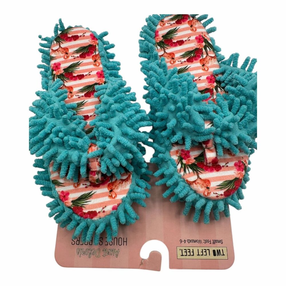 Fuzzy Aqua & Floral Print Aunt Deloris House Slippers Two Left Feet Sizes 4-6